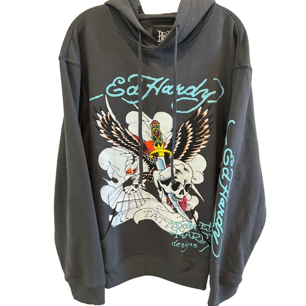 ED HARDY~ Men's Hoodie Eagle Skull Print Sz XL Charcoal Color NWT